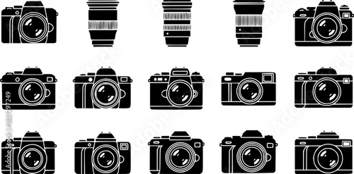 minimal silhouette icons of cameras and lenses

