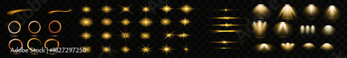 Light effect set. Glow isolated white transparent light effect set, lens flare, explosion, glitter, dust, line, sun flash, spark and stars, spotlight, curve twirl. Sunlight, abstract special effect.