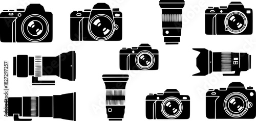 minimal silhouette icons of cameras and lenses

