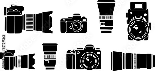 minimal silhouette icons of cameras and lenses
