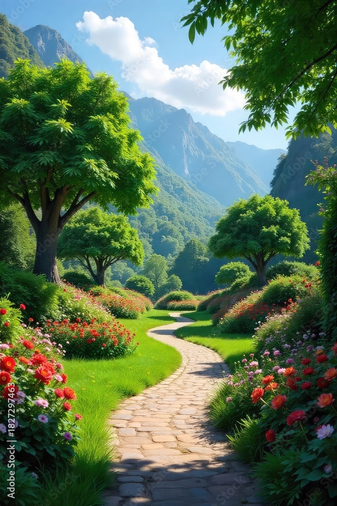Obraz premium Tranquil Garden Paradise Lush Greenery, Vibrant Blooms, and Elegant Pathways Create a Breathtaking Landscape of Serene Natural Beauty