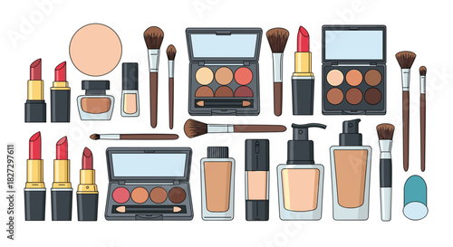 A vibrant assortment of essential makeup products, including lipsticks, eyeshadow palettes, foundation, brushes, and powder, neatly arranged for beauty.