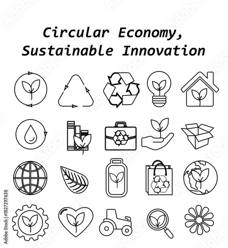 Digital Compliance & Governance icon set in clean line style featuring key symbols of the circular economy and sustainable innovation. Perfect for eco-focused designs and modern digital projects.