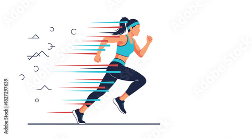Vibrant illustration of a fit woman running dynamically with speed lines, conveying energy, agility, and a dedicated athletic pursuit.