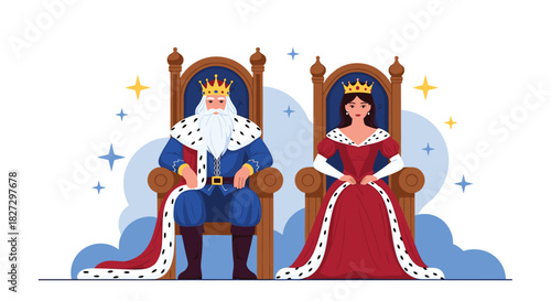 A wise old king and a beautiful queen proudly sit on their ornate thrones, representing monarchy and royal power.