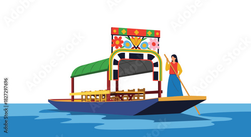 A woman guides a vibrantly decorated traditional Mexican boat, possibly a trajinera, adorned with colorful floral motifs, across serene blue waters.