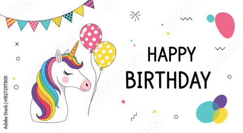 A festive birthday card design featuring a cute unicorn with a colorful rainbow mane, polka-dot balloons, and various joyful party decorations.