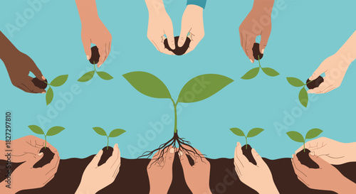 Diverse hands cooperatively planting seedlings into soil, nurturing a larger central plant, symbolizing community growth and environmental care.