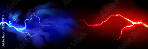 Versus banner. Lightning strikes. Confrontation template, vs battle or fight concept. Red and blue colors. Flash light thunderbolt spark. Realistic transparent neon light.