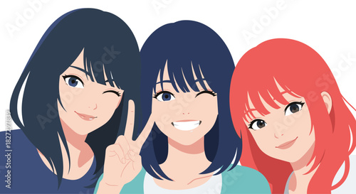 A heartwarming illustration of three young female friends with varying hair colors posing happily, celebrating their friendship.