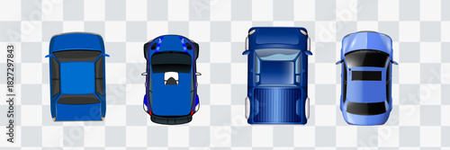 blue cars set from above, top view isolated. Cute beautiful cartoon transport with shadows. Modern urban civilian vehicle.