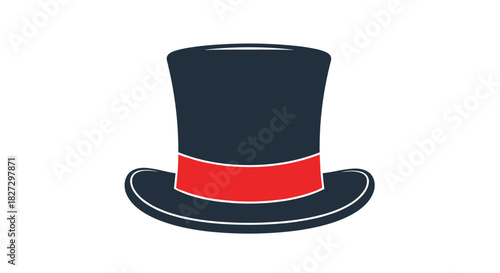 A minimalist illustration of a dark top hat adorned with a striking red band, symbolizing sophistication, magic shows, and traditional formal attire.