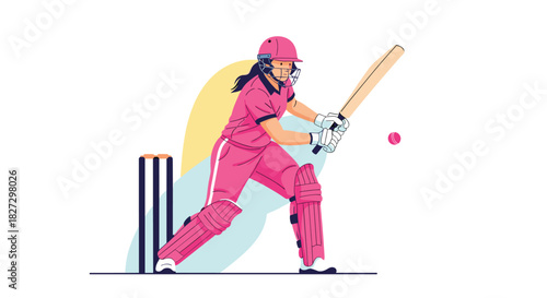 A determined female cricketer in full pink batting gear, including helmet, pads, and gloves, swings her bat to strike a bright pink ball near the stumps.