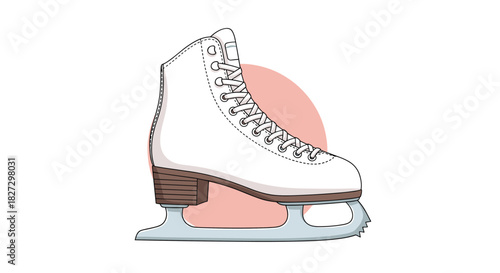 A crisp vector illustration of a classic white figure ice skate with brown heel and a steel blade, highlighted against a subtle pink background.