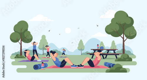 People enjoying a refreshing outdoor workout in a serene park, performing sit-ups and stretches on yoga mats under a clear sky.