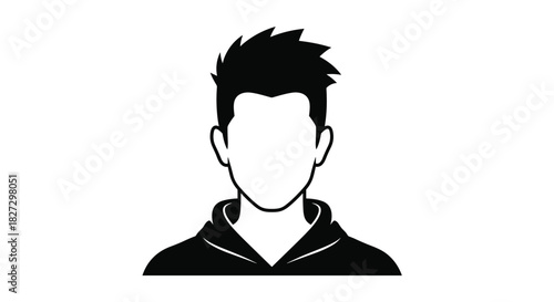 Simple black and white vector illustration of a faceless man wearing a hoodie and having spiky hair, often used as a user icon or avatar.