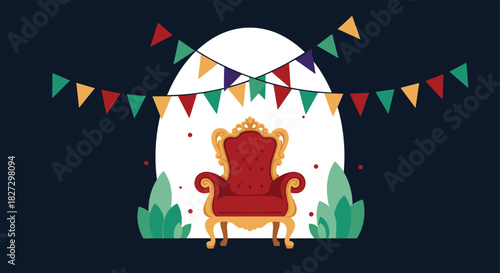 A lavish red and gold throne with ornate details is presented under a white arch, adorned with colorful festive bunting, perfect for a celebration.