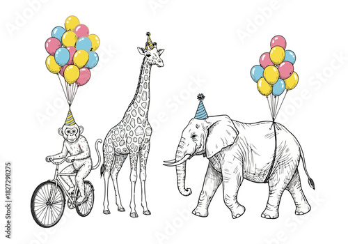 Hand drawn sketch of cute circus animals including a monkey riding a bicycle, a giraffe, and an elephant with party hats