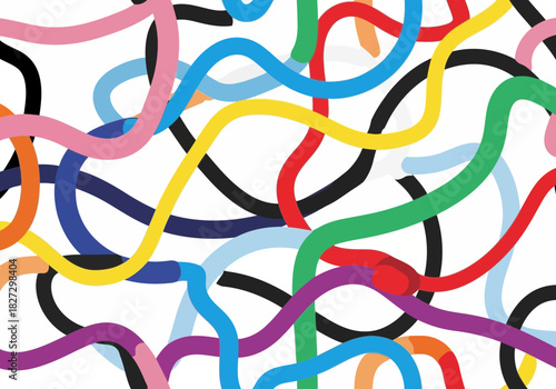 Abstract seamless pattern of colorful, wavy, tangled lines creating a vibrant, chaotic, and playful background design