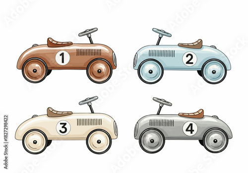 Four vintage style numbered pedal cars in different pastel colors