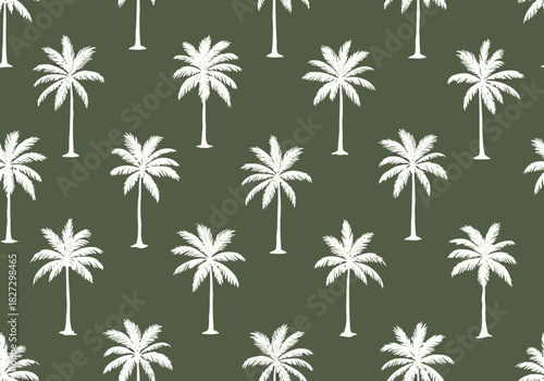 Seamless pattern of white palm tree silhouettes against a dark olive green background, tropical nature design