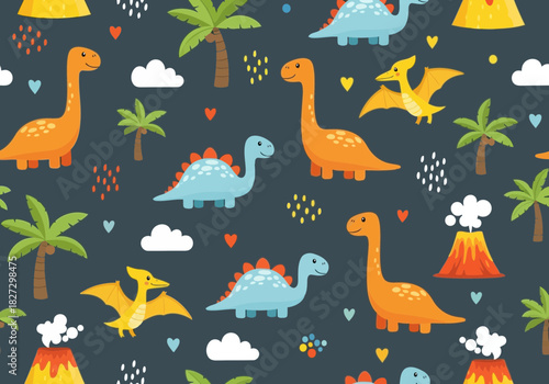 Seamless pattern with cute cartoon dinosaurs, palm tree, volcano, and clouds on dark background for textile