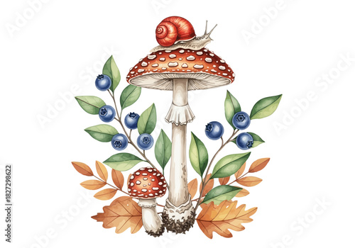 Watercolor illustration of a fly agaric mushroom with a snail and blueberries