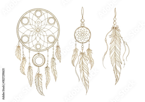 Set of three delicate golden dreamcatchers with intricate webbing and hanging feather details