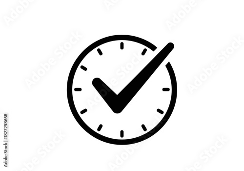 Black and white simple icon of a clock face with a large checkmark indicating time completion, approval, or success