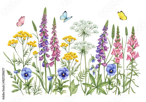 Watercolor illustration of colorful summer wildflower bouquet with purple lupine, yellow yarrow, blue pansy, and butterfly