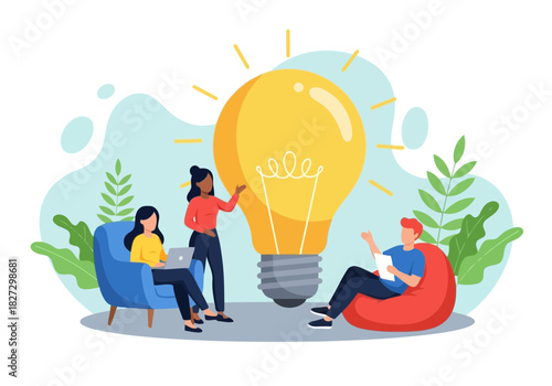 Three diverse business people collaborating around a giant glowing light bulb representing a new idea or innovation in a modern setting