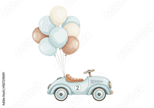 Watercolor illustration of a light blue vintage toy car with a number two on the side, holding a bunch of pastel balloons