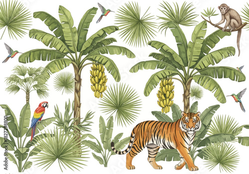 Watercolor illustration of a tiger, monkey, parrot, and hummingbird in a lush tropical jungle with banana tree