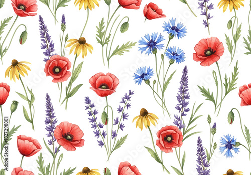 Watercolor seamless pattern with red poppy, blue cornflower, yellow chamomile, and purple lavender flower on