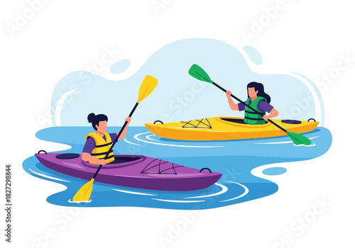 Two women enjoying a recreational activity paddling kayak boat on water with life vest