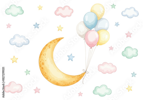Watercolor illustration of a crescent moon holding a bunch of pastel balloons with soft clouds and stars on