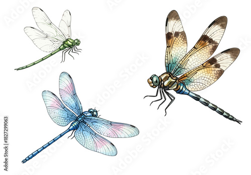 Watercolor illustration of three different dragonflies with distinct wing patterns