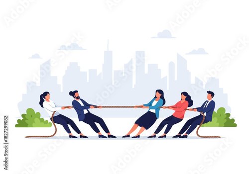 Business team competition in tug of war game against each other with city skyline background illustration