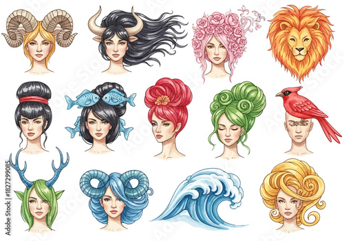 Collection of twelve zodiac sign portraits represented by women with symbolic hair and accessories
