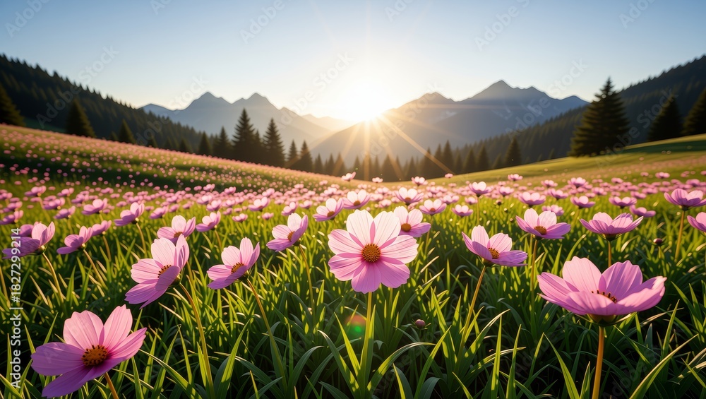 Fototapeta premium Pink cosmos field with serene mountain sunrise