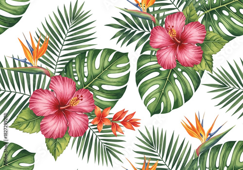 Watercolor seamless pattern with tropical hibiscus flower, monstera leaf, and bird of paradise plant on