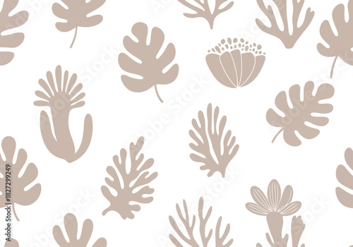 Seamless pattern of stylized beige tropical plant and coral shapes on a clean, perfect for textile design