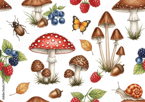 Seamless pattern with watercolor illustration of various mushroom, berry, insect, and autumn leaf elements on