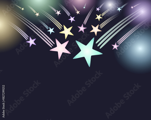 Pastel night sky with shooting stars and soft sparkle (midnight gray background, spacious lower area)