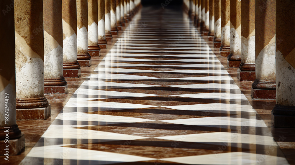 Fototapeta premium colonnade. Polished marble floor reflecting classical columns in symmetrical architecture. real-estate listings.