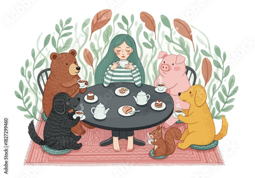 A young woman having a lovely tea party outdoors with a friendly bear, pig, dog, squirrel, and black dog