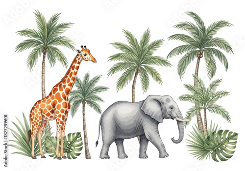 Watercolor illustration of a giraffe and an elephant standing among tropical palm trees and jungle foliage