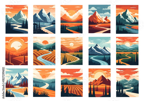 Collection of fifteen pixel art landscape illustrations featuring mountains, rivers, roads, and fields at sunset or sunrise