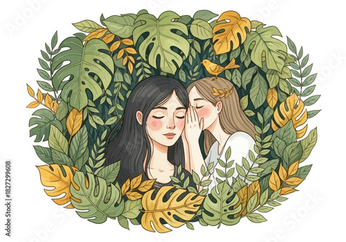 Two young women sharing a secret while surrounded by lush green and yellow tropical foliage in a watercolor illustration style
