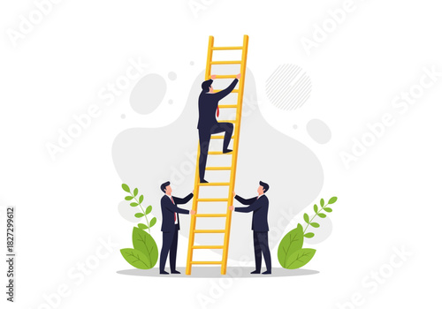 Businessman climbing a tall ladder supported by two colleagues representing career growth, success, and teamwork